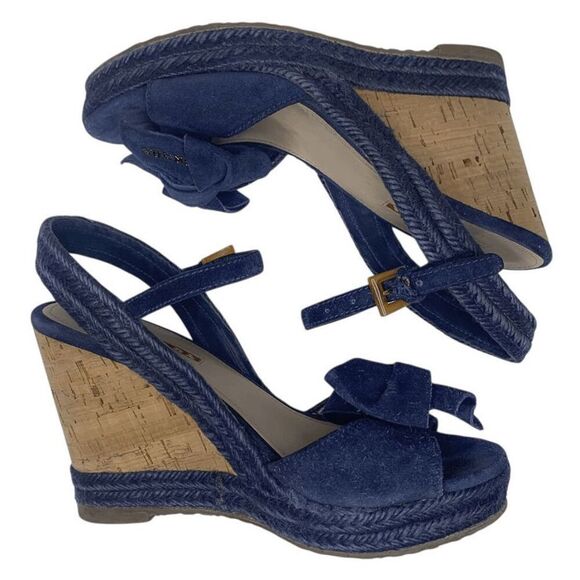Prada Logo Blue Suede Bow Platform Espadrilles EU 37 Slingback Buckle Wedges - Picture 6 of 10